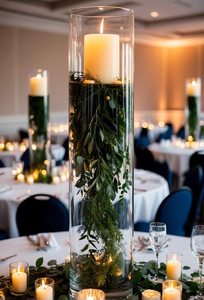 A tall glass vase filled with candles and cascading greenery serves as a high candle wedding table decoration