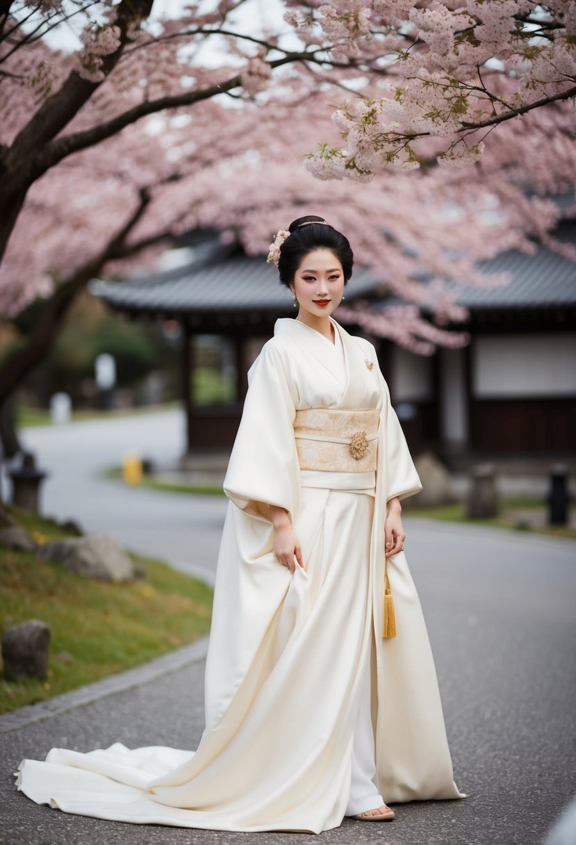 A serene bride in a flowing kimono, surrounded by cherry blossoms and traditional Japanese elements