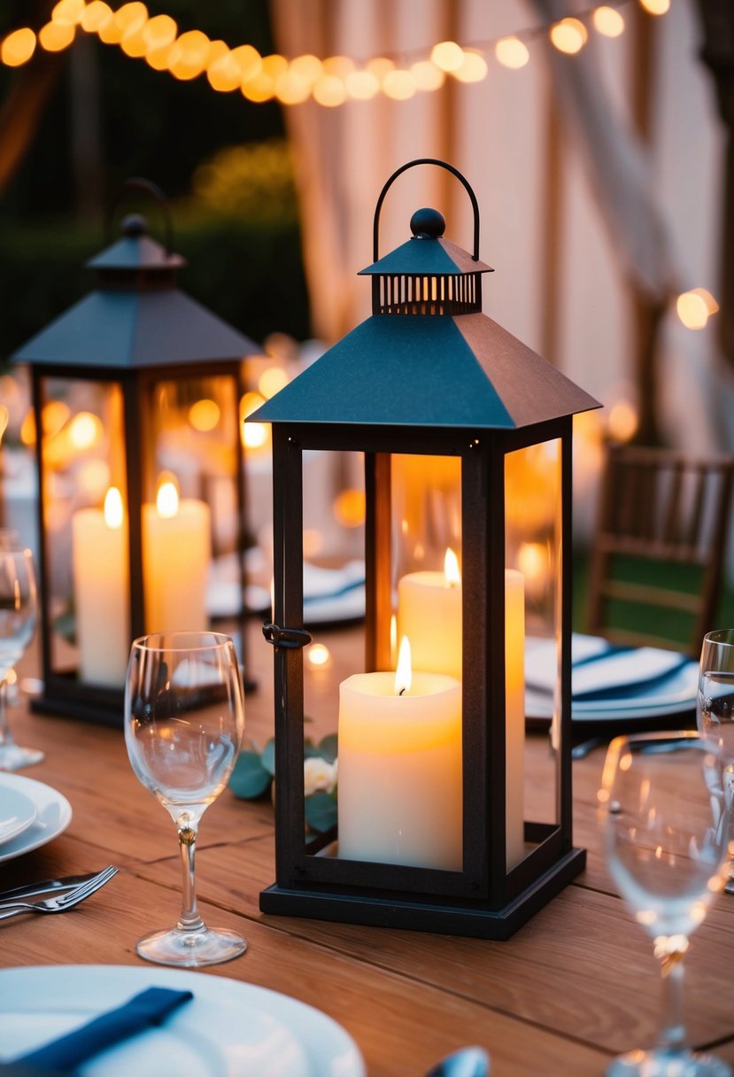 Rustic lanterns with pillar candles illuminate a wedding table, creating a warm and romantic atmosphere