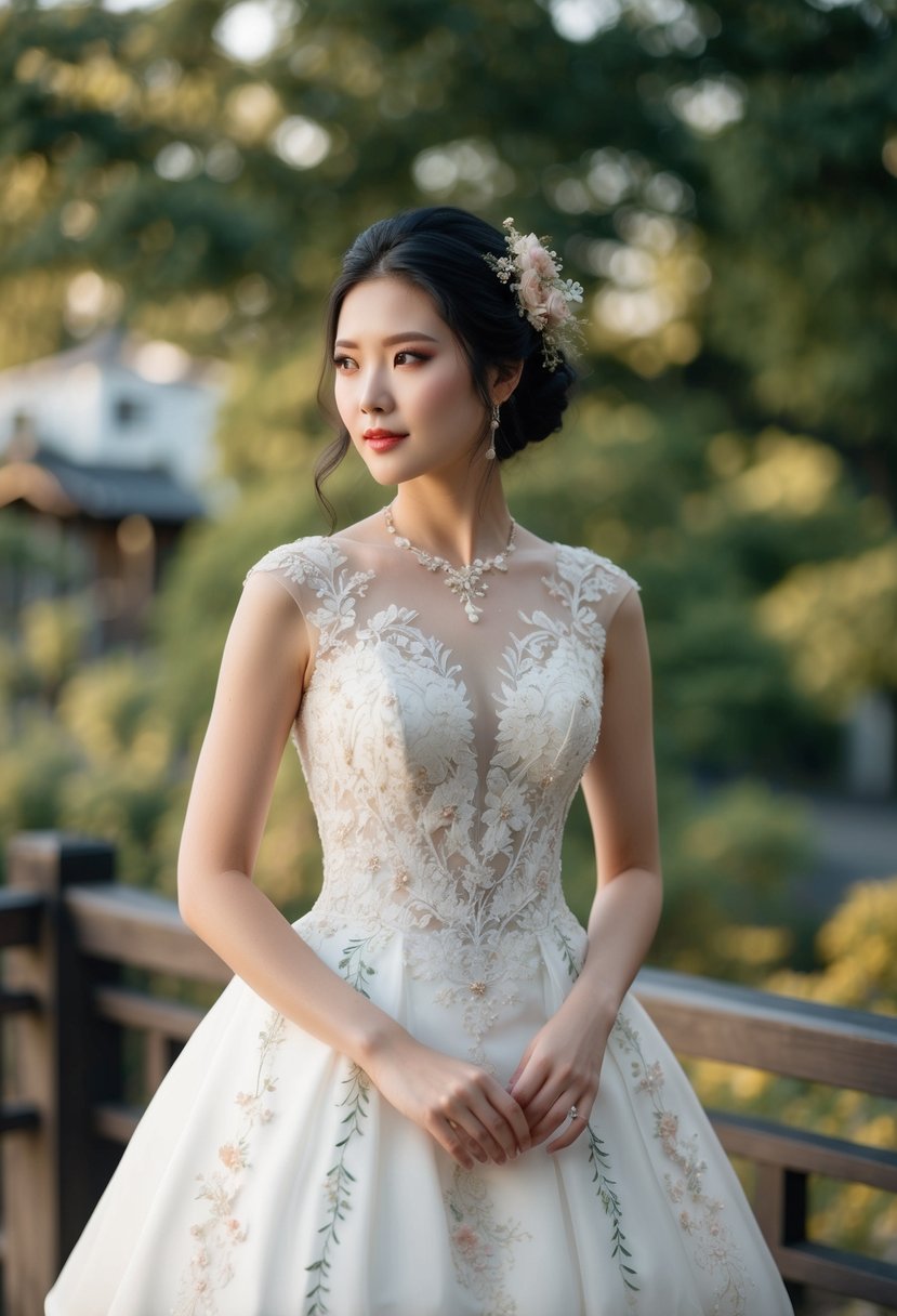 A Western-style bridal gown adorned with delicate Japanese floral patterns and intricate embroidery