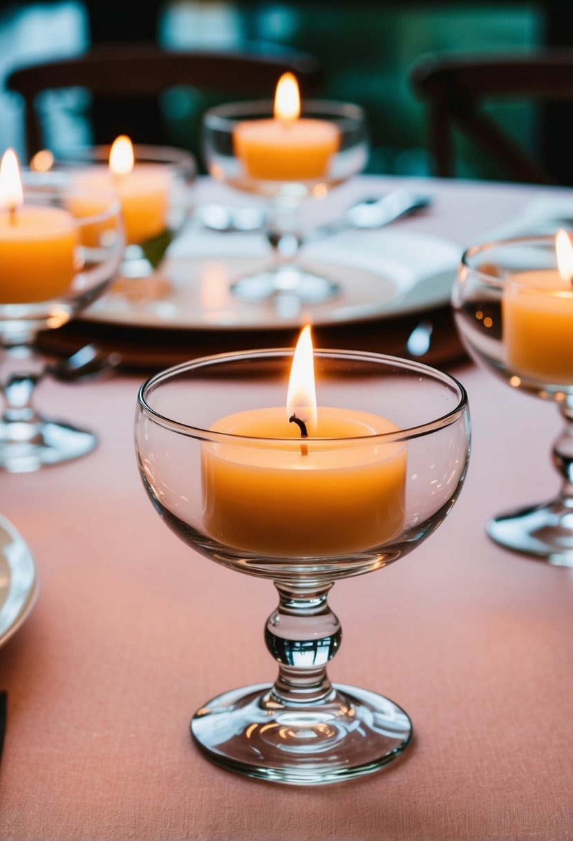 Candles float in glass bowls atop wedding tables