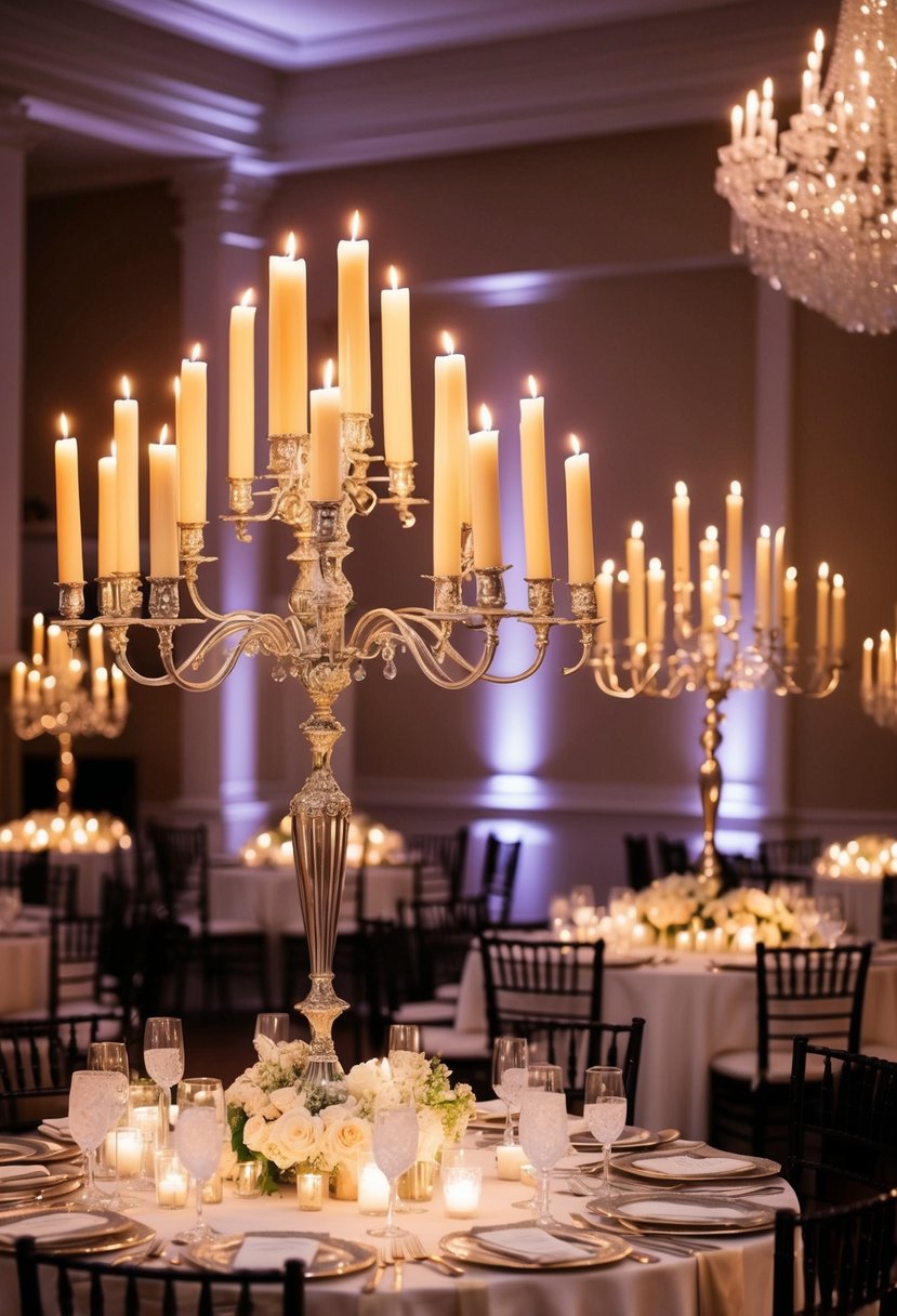 Multiple-armed candelabras adorn an elegant wedding table, with tall candles casting a warm glow