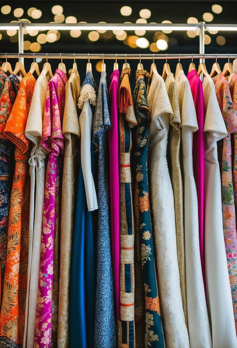 A display of various Japanese fabrics arranged in a mix-and-match bridal gown concept, with intricate patterns and vibrant colors