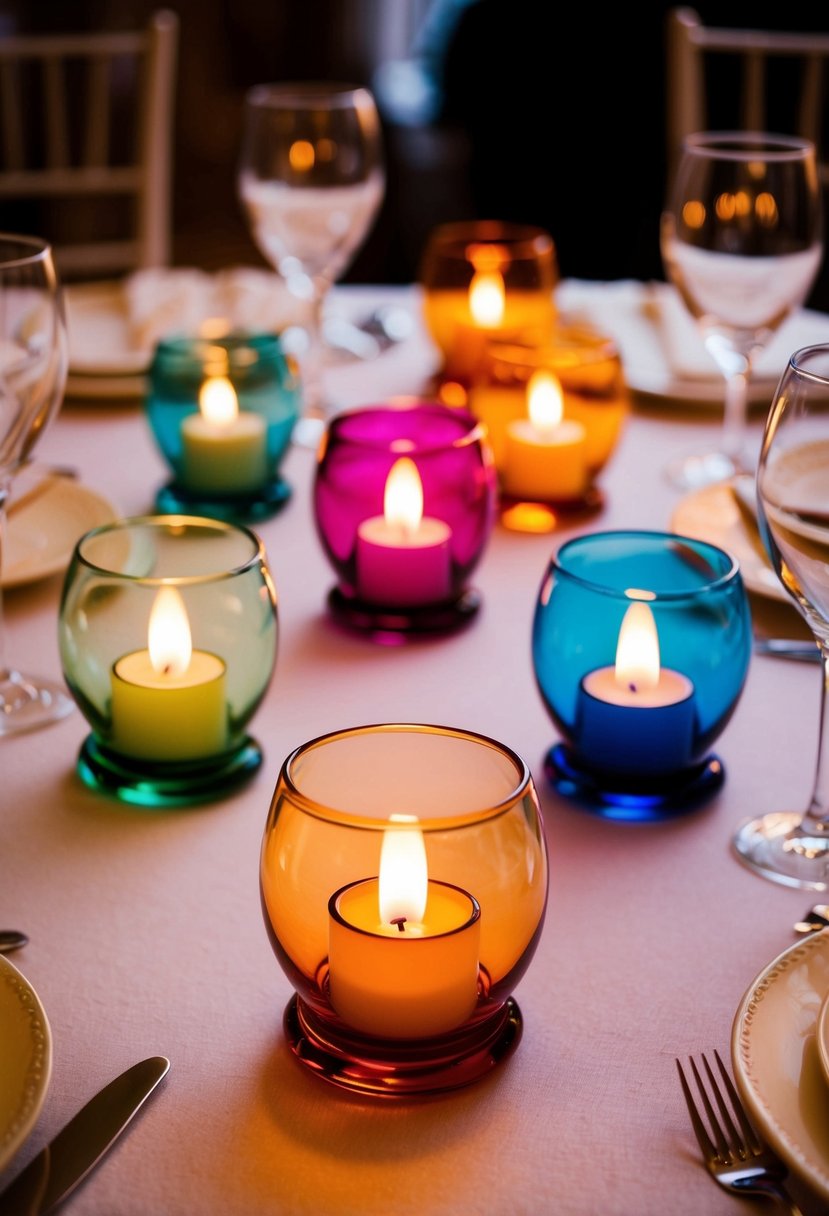 Colorful glass holders hold tea lights on a wedding table, creating a warm and elegant atmosphere