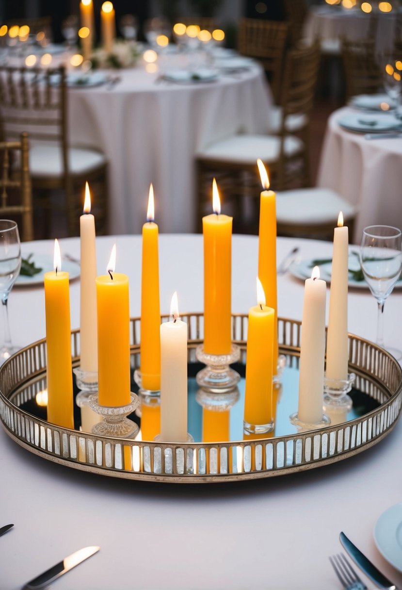 A variety of pillar and taper candles arranged on a mirrored tray for a wedding table decoration