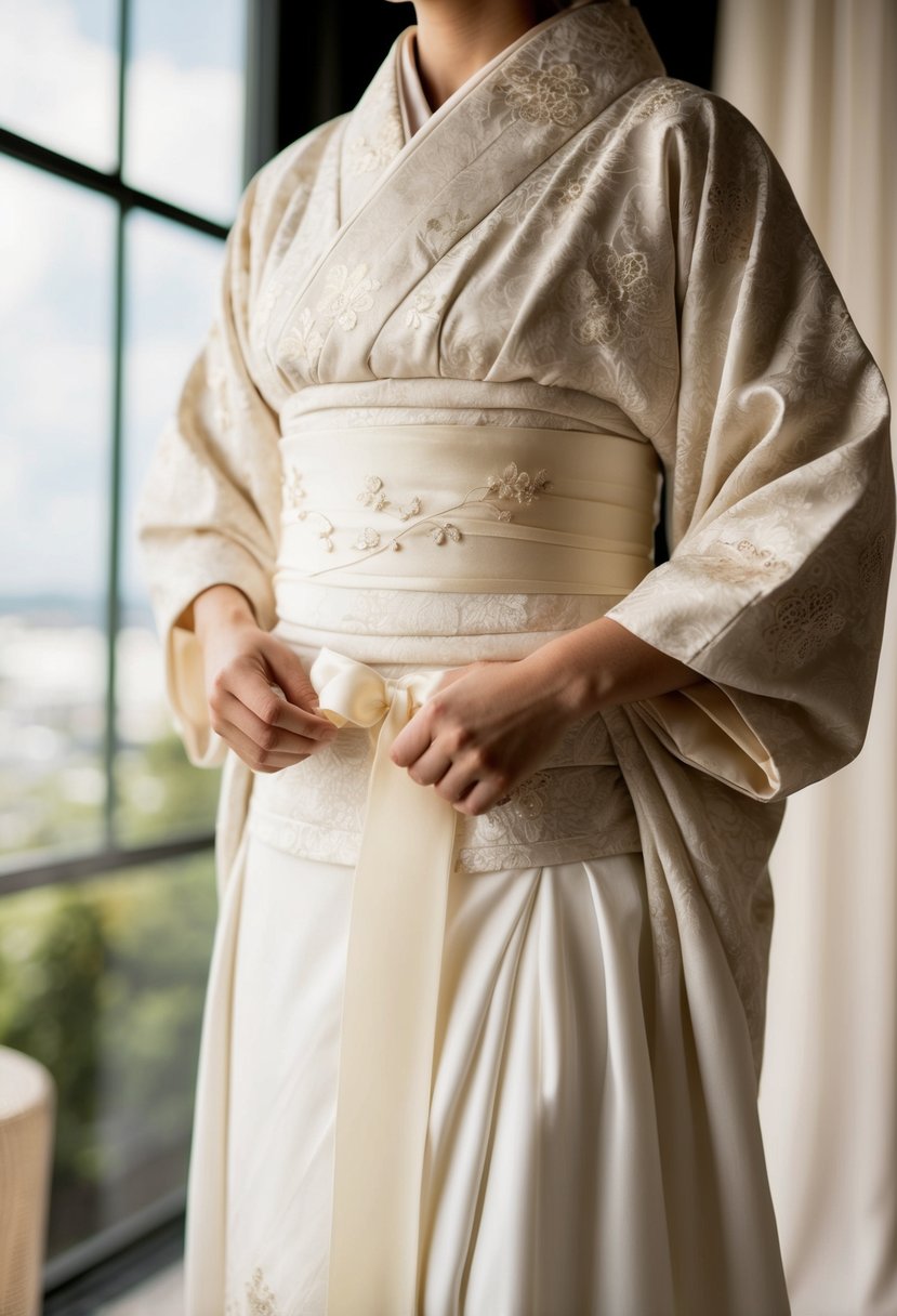 A delicate kimono sash is carefully tied around the waist of a traditional Japanese bridal gown, with intricate floral patterns and soft, flowing fabric