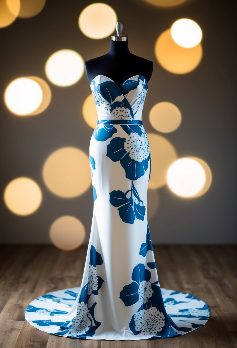 A modern silhouette with a kimono print bridal gown displayed on a mannequin