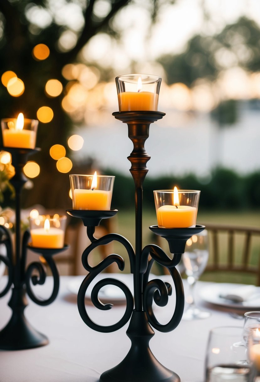 Black wrought iron stands hold flickering votive candles on a wedding table