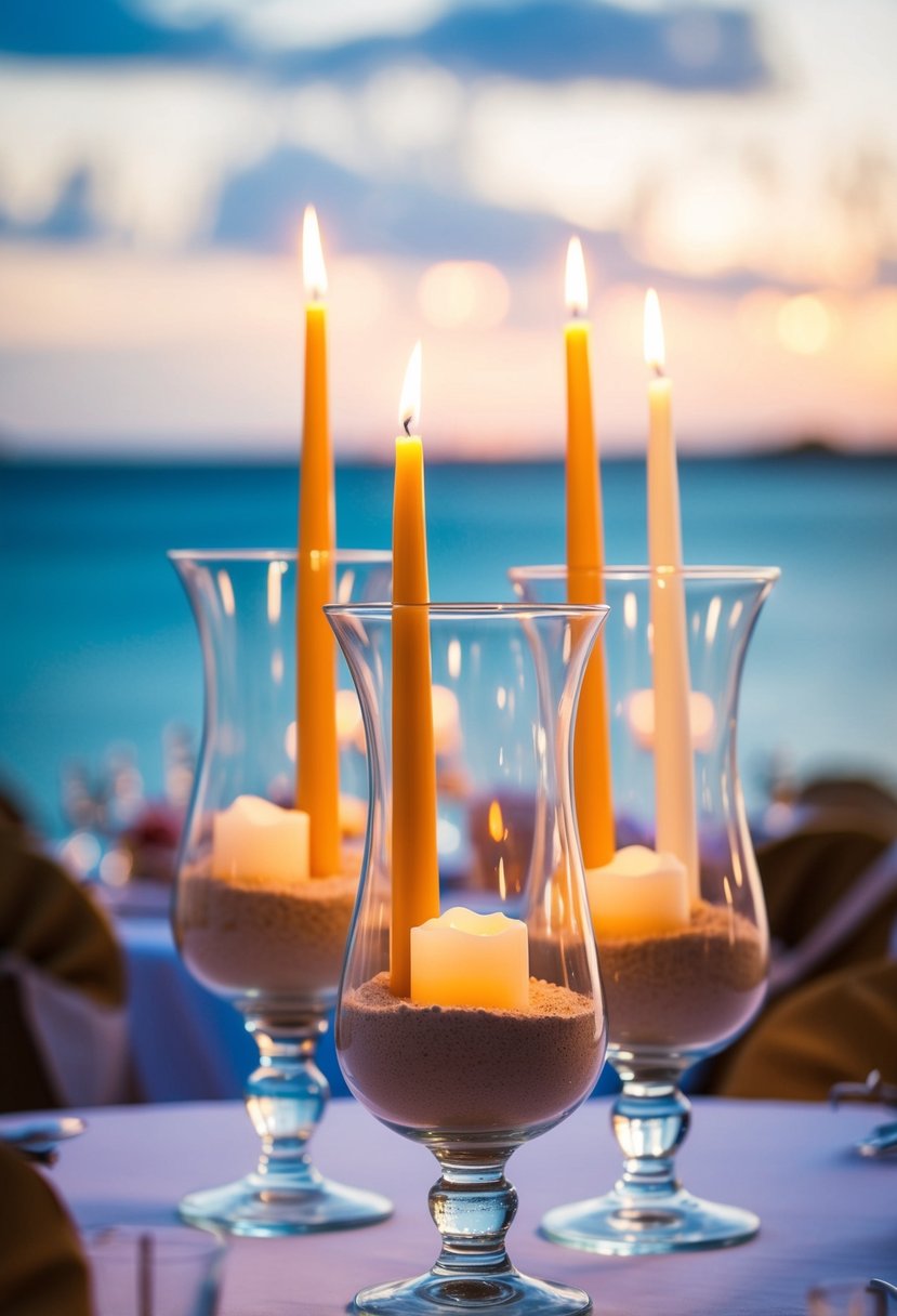 Hurricane glass candle holders filled with sand, holding tall candles, arranged as wedding table decorations