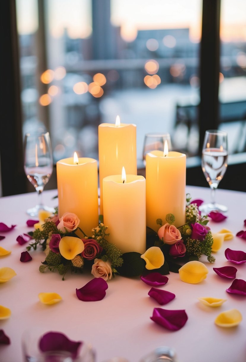 A cluster of candles sits among flower petals on a high wedding table