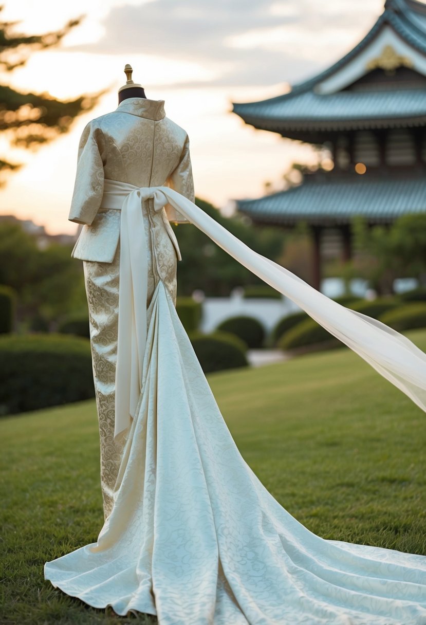 A Japanese bridal gown with intricate silk brocade patterns cascading down the flowing fabric