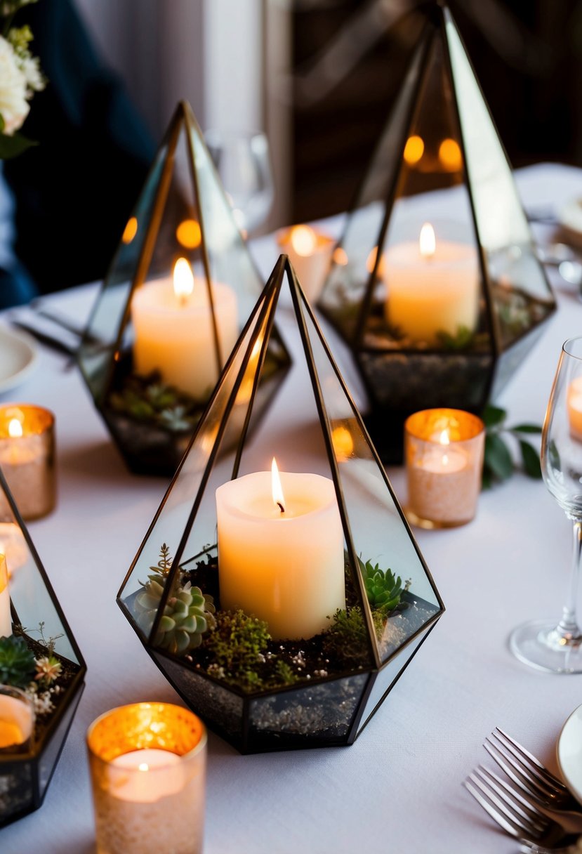 Geometric terrariums hold candles on a wedding table