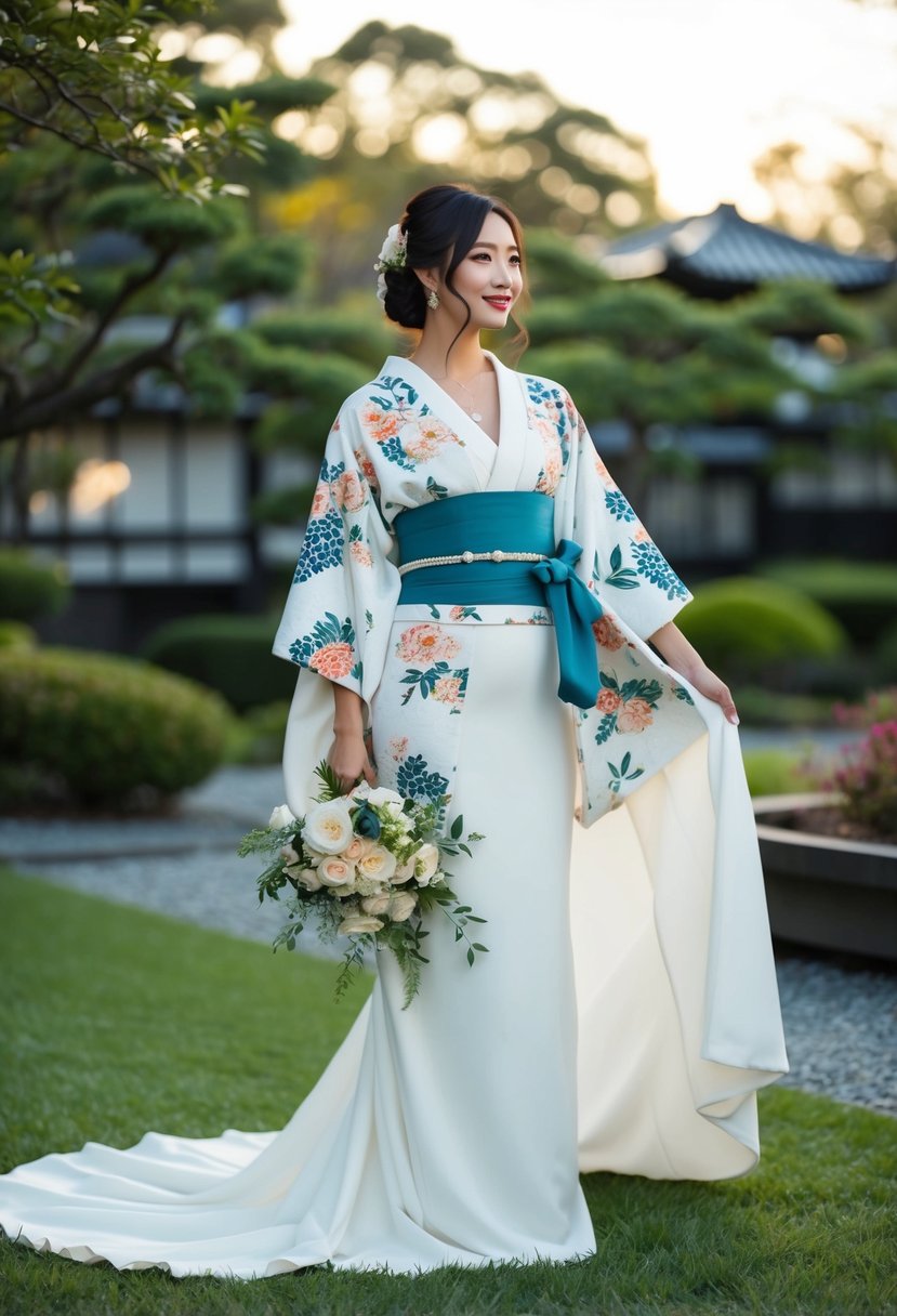 A bride in a modern kimono-inspired gown, adorned with intricate floral patterns and flowing fabric, standing in a serene Japanese garden