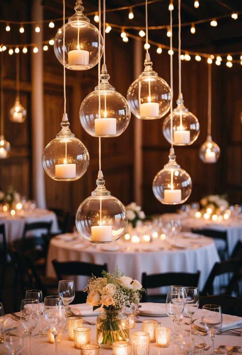 Glass globes with hanging candles illuminate a wedding table, creating a romantic and elegant atmosphere