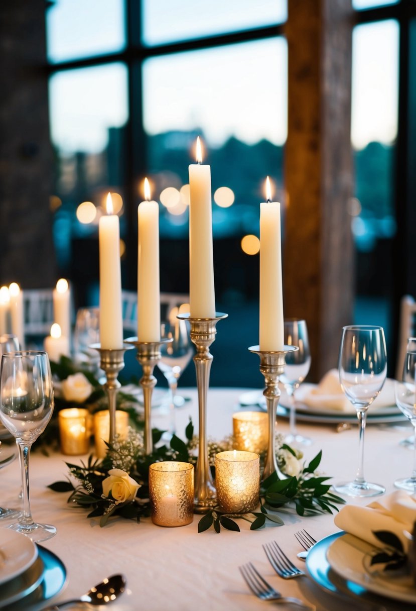 Modern metallic candle holders with LED candles create a stunning table decoration for a high-end wedding