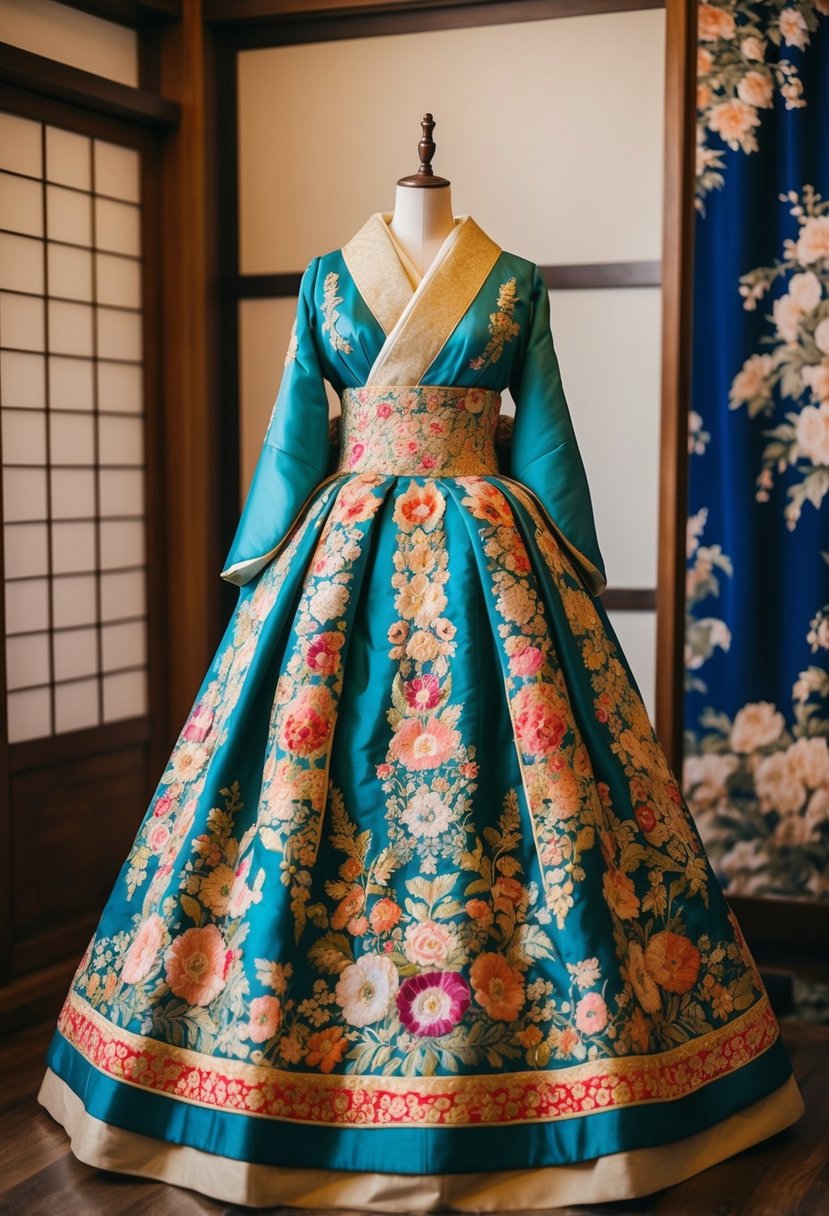 A beautiful vintage furisode gown displayed on a wooden mannequin, adorned with intricate floral patterns and delicate embroidery. Rich, vibrant colors and luxurious fabrics evoke a sense of traditional Japanese bridal elegance