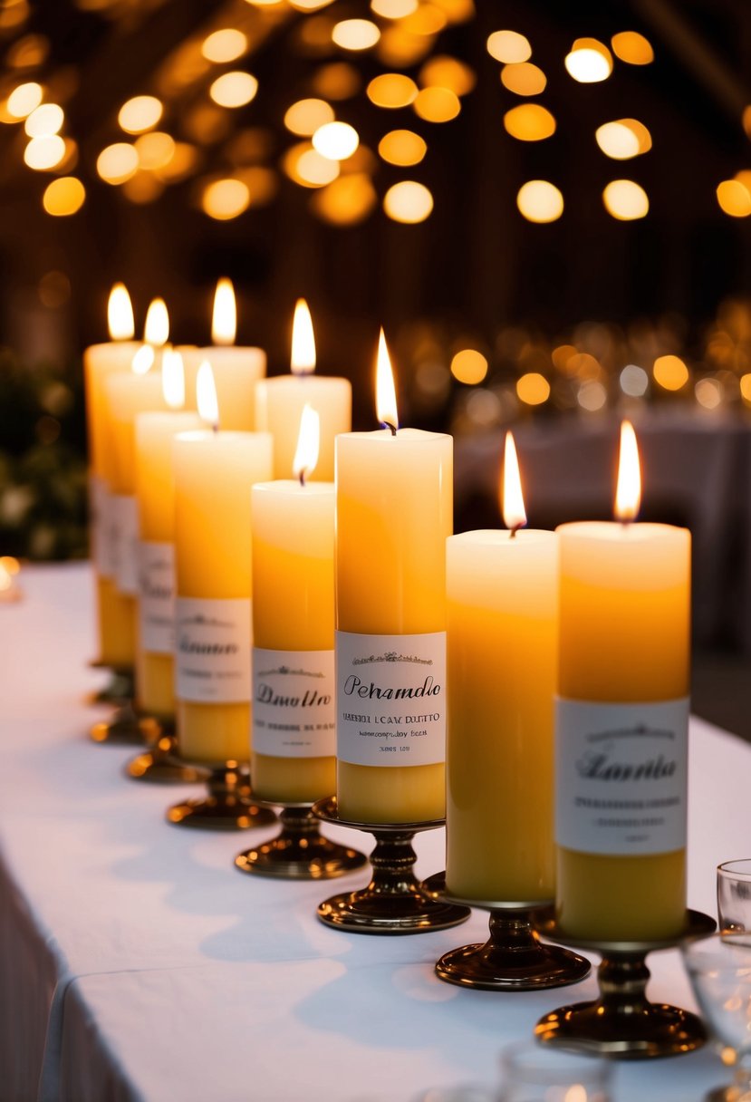 Personalized labeled candles adorn a high wedding table, casting a warm glow