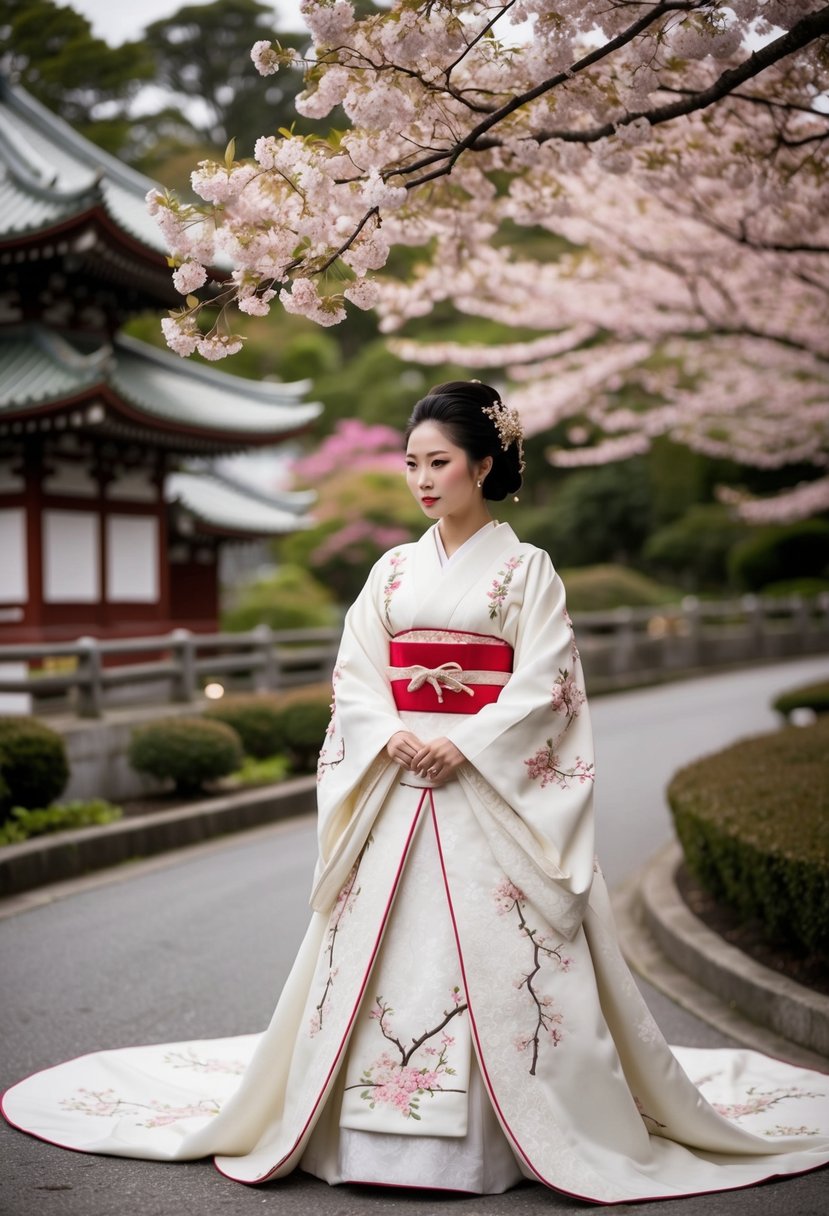 A traditional Japanese bridal gown adorned with intricate embroidered cherry blossoms and delicate patterns