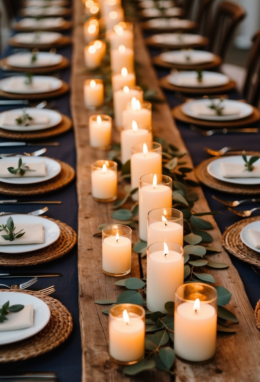 Rows of candles on rustic wooden planks create a warm and romantic wedding table decoration