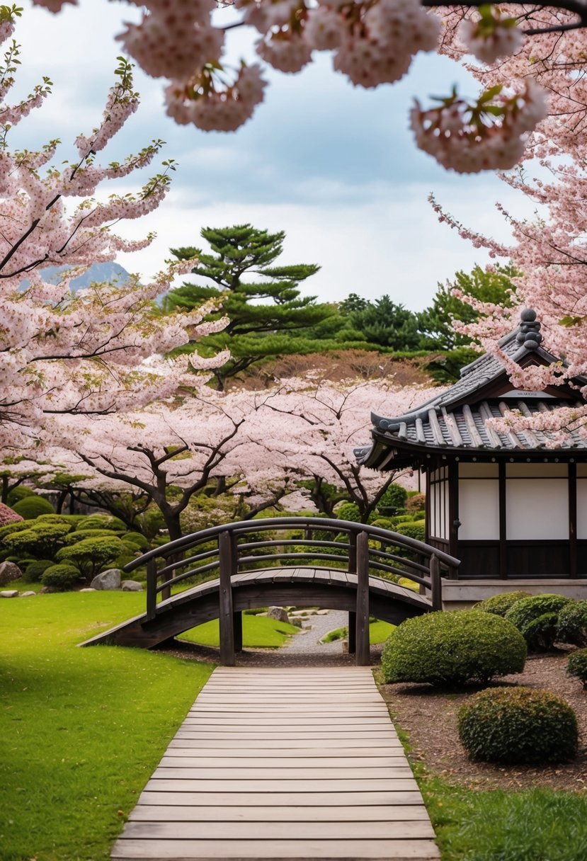 A serene Japanese garden with a simple wooden bridge, surrounded by cherry blossom trees and a traditional tea house