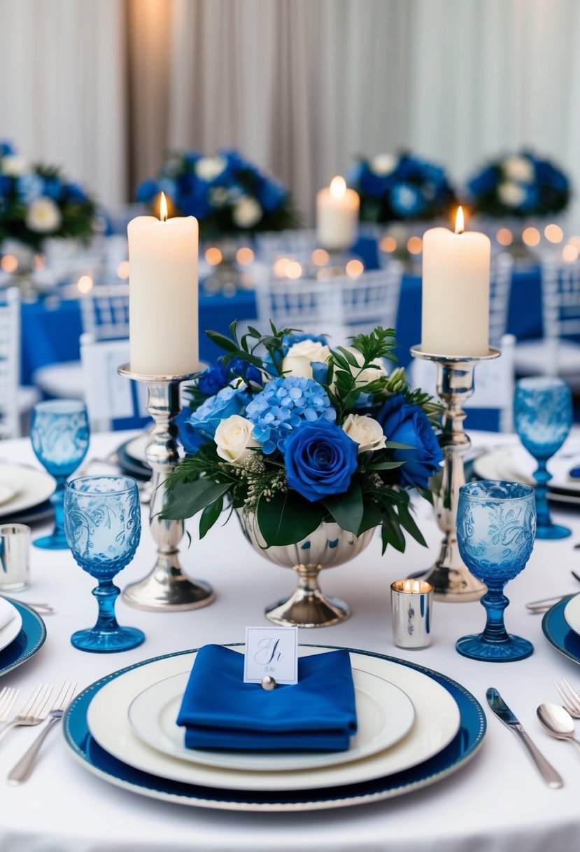 A table set with blue floral centerpieces, silver candle holders, and delicate blue place settings for a wedding reception