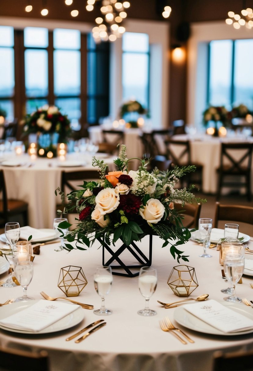 A hexagon wedding table adorned with floral centerpieces and geometric candle holders