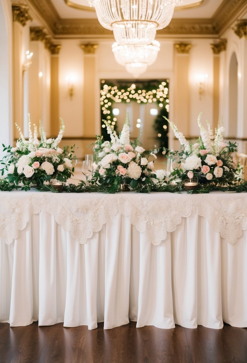 A grand entrance table adorned with elegant floral arrangements, twinkling lights, and delicate lace accents