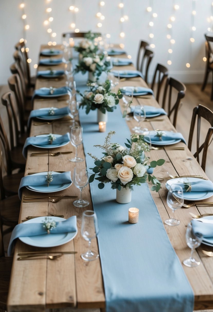 Dusty blue table runners laid out on rustic wooden tables with delicate floral centerpieces and twinkling fairy lights