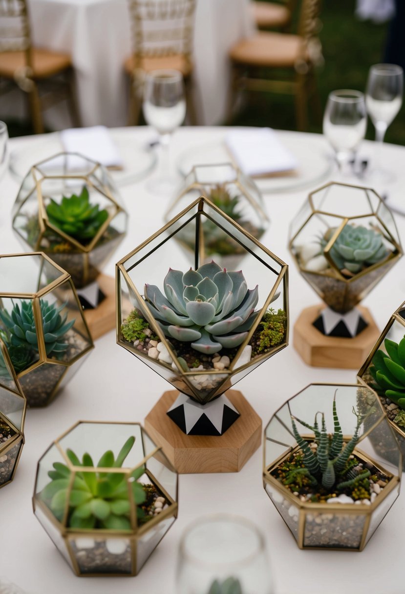 A grouping of hexagon-shaped terrariums filled with succulents and geometric accents arranged as centerpieces on a wedding reception table