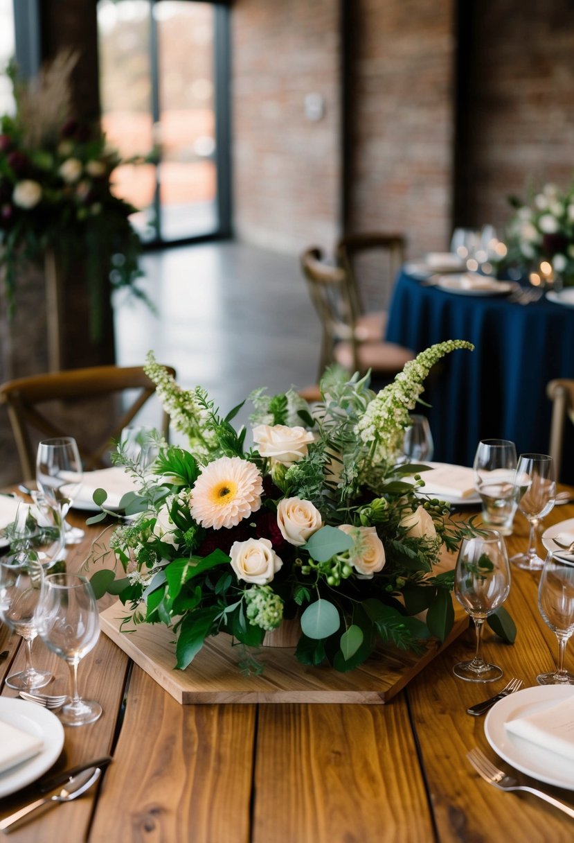 A wooden hexagon table centerpiece with floral arrangements and greenery for a wedding