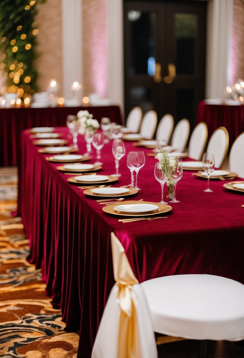 A velvet tablecloth in deep red with gold accents drapes elegantly over a long banquet table, creating a luxurious and opulent atmosphere for a wedding reception