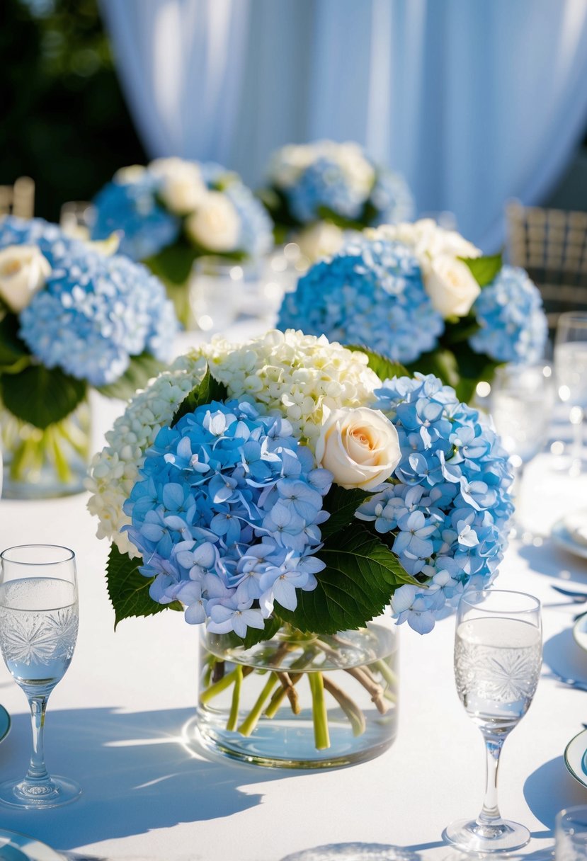 A table adorned with lush blue hydrangea centerpieces, creating a serene and elegant atmosphere for a wedding celebration