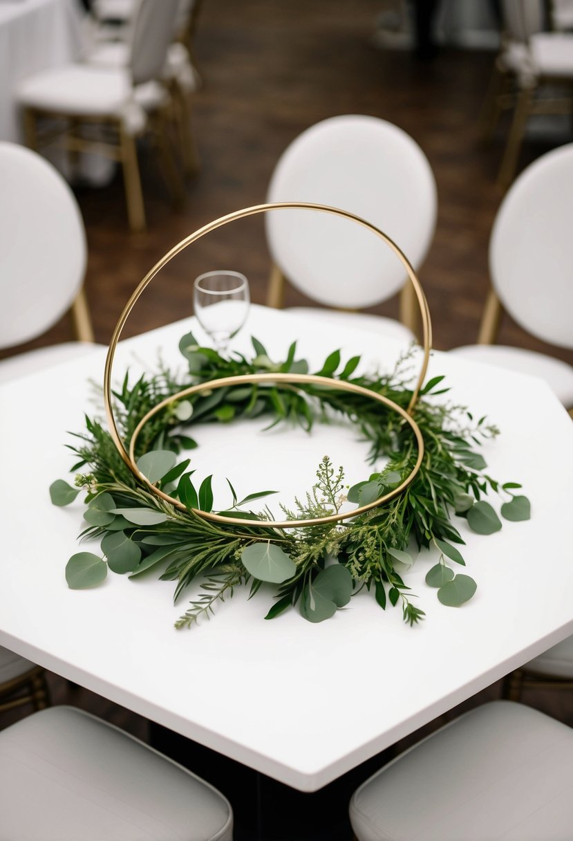 A gold metal hoop adorned with greenery sits at the center of a hexagon wedding table, creating an elegant and modern centerpiece