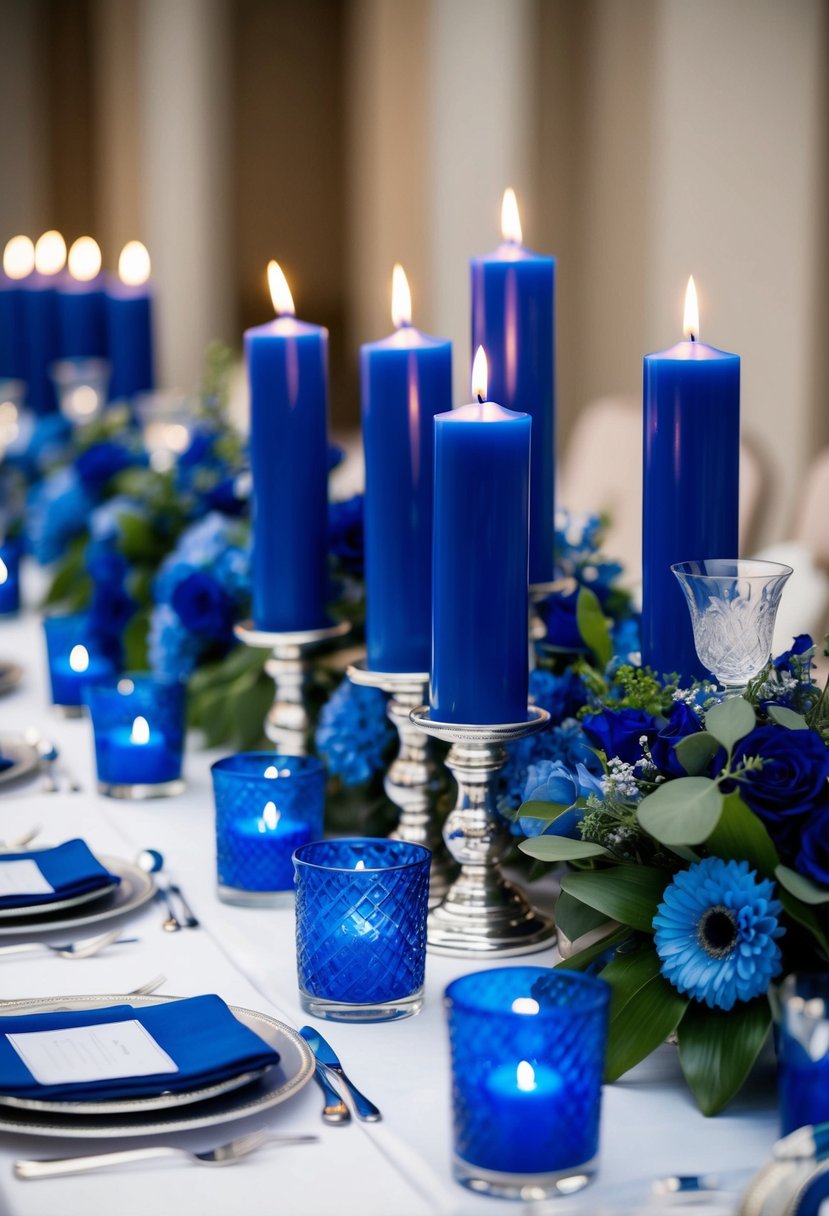 Royal blue candles arranged in a centerpiece among silver accents and blue floral arrangements on a white tablecloth