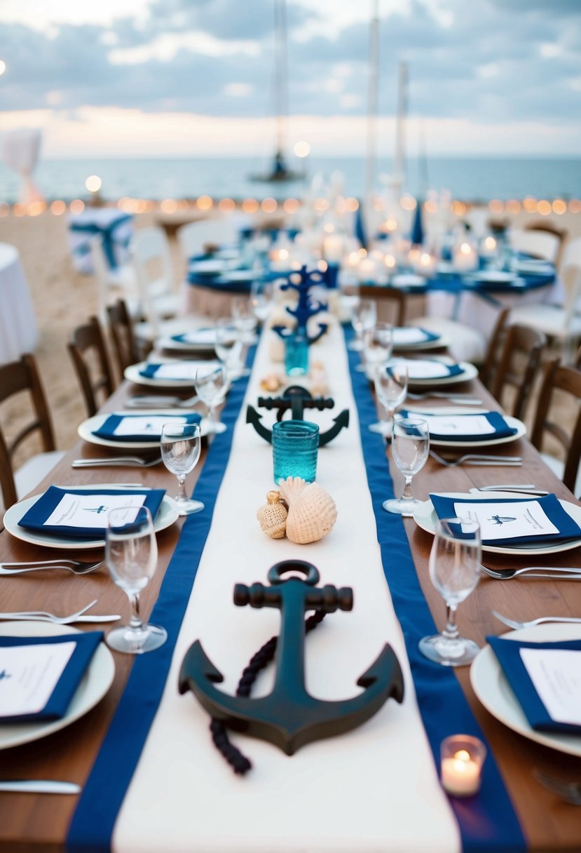 A nautical-themed wedding table adorned with anchor details and sea-inspired decor