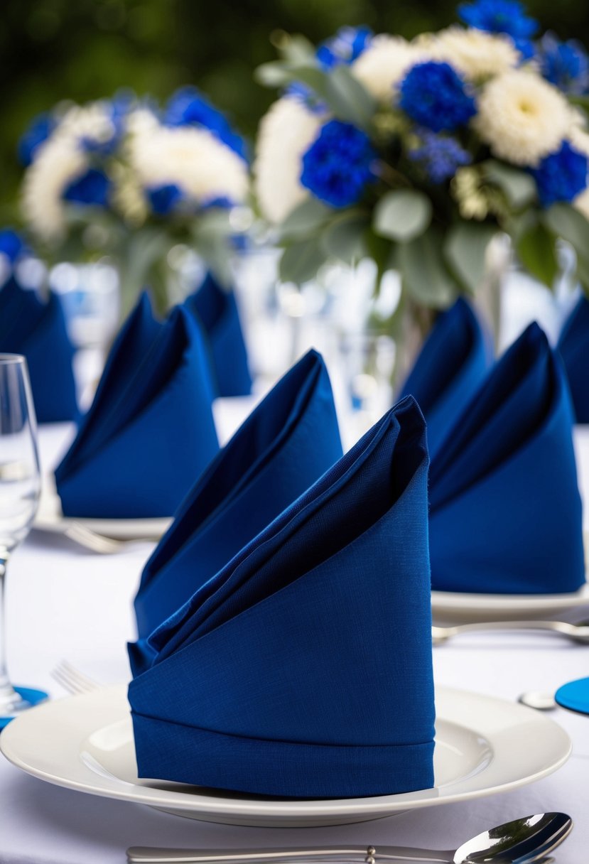 Navy blue napkins neatly folded and placed on a table adorned with blue wedding decorations