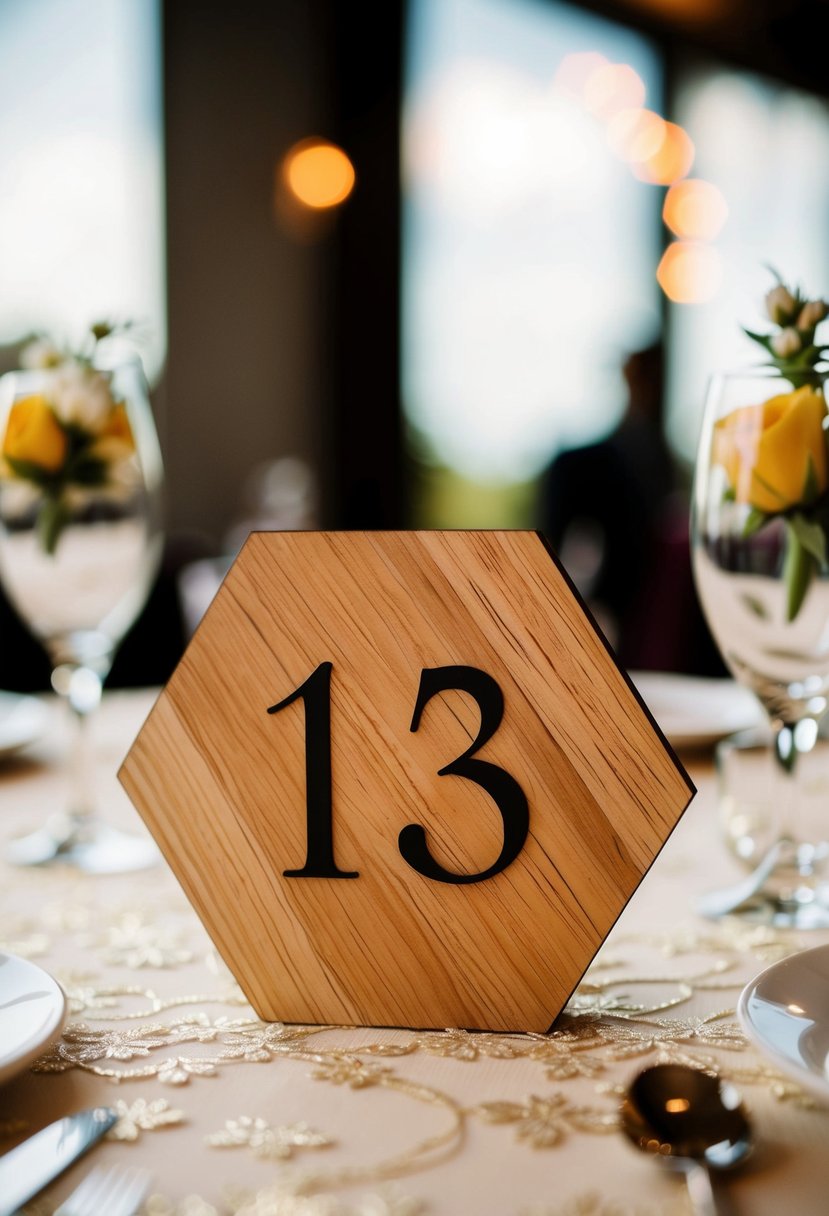 A set of custom wooden hexagon table numbers arranged on a decorated wedding table