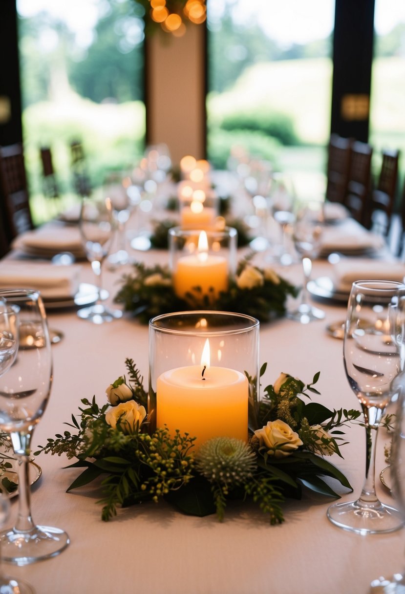 A table set with elegant votive candle arrangements for a wedding entrance