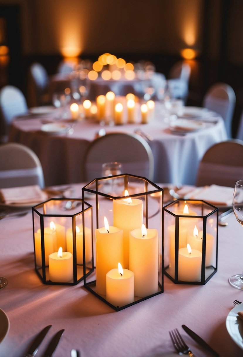 Hexagonal candle holders arranged on a wedding table, casting a warm glow in the dimly lit room