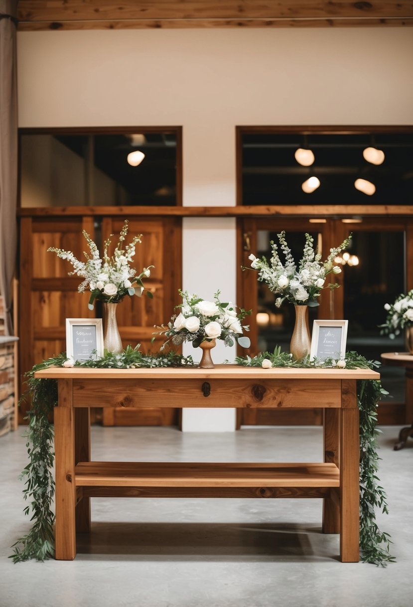 A wooden workbench adorned with refurbished decor, serving as an elegant entrance table for a wedding display