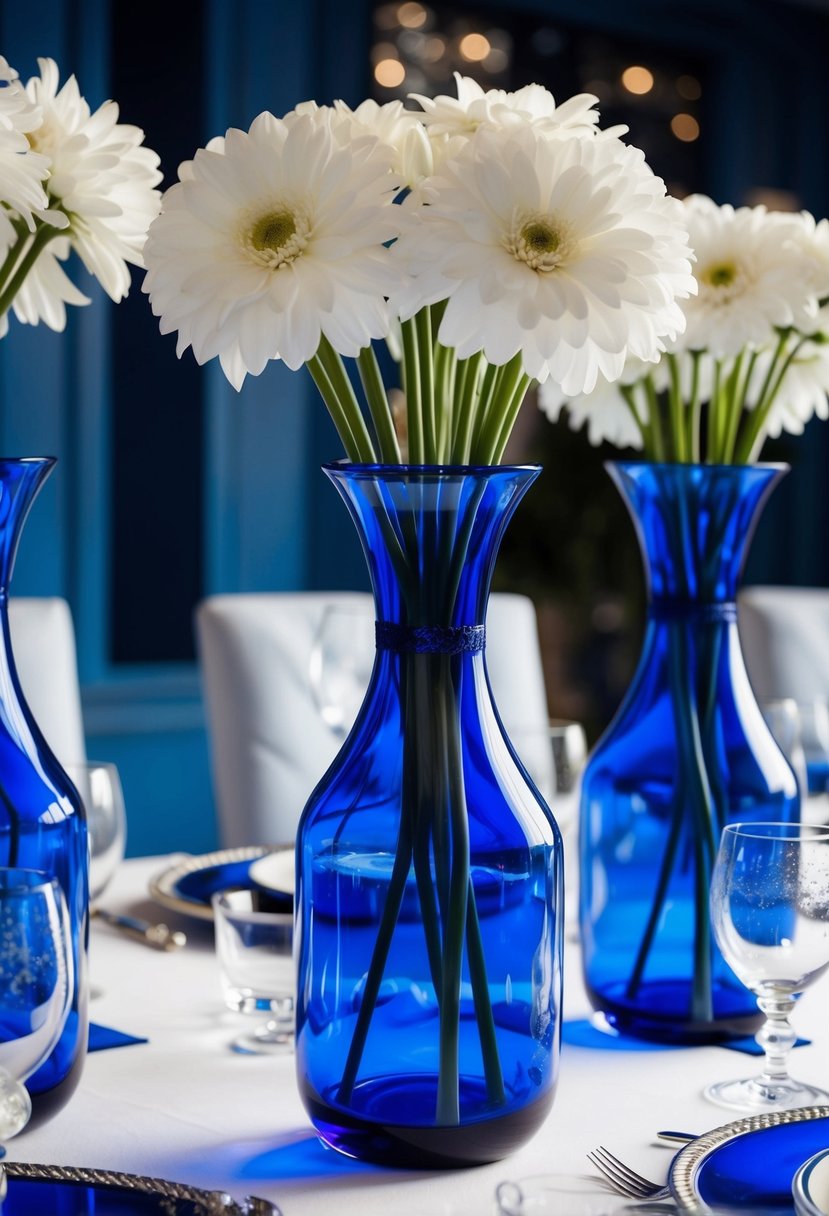 Blue glass vases filled with white flowers sit on a table adorned with blue and silver accents