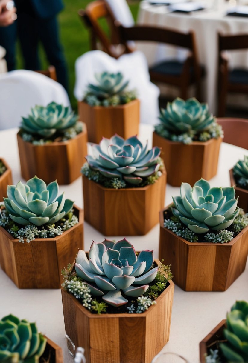 Hexagon planters filled with succulents arranged as wedding table decorations