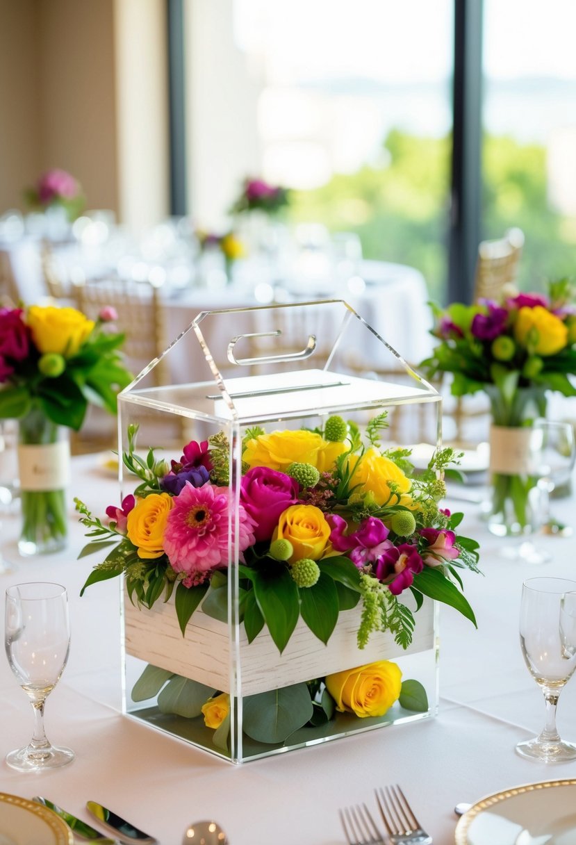 An acrylic card box adorned with vibrant floral decorations sits at the center of a beautifully set wedding table