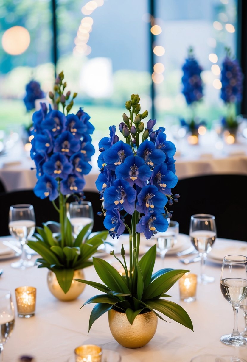 A table adorned with blue delphinium floral arrangements for a wedding centerpiece