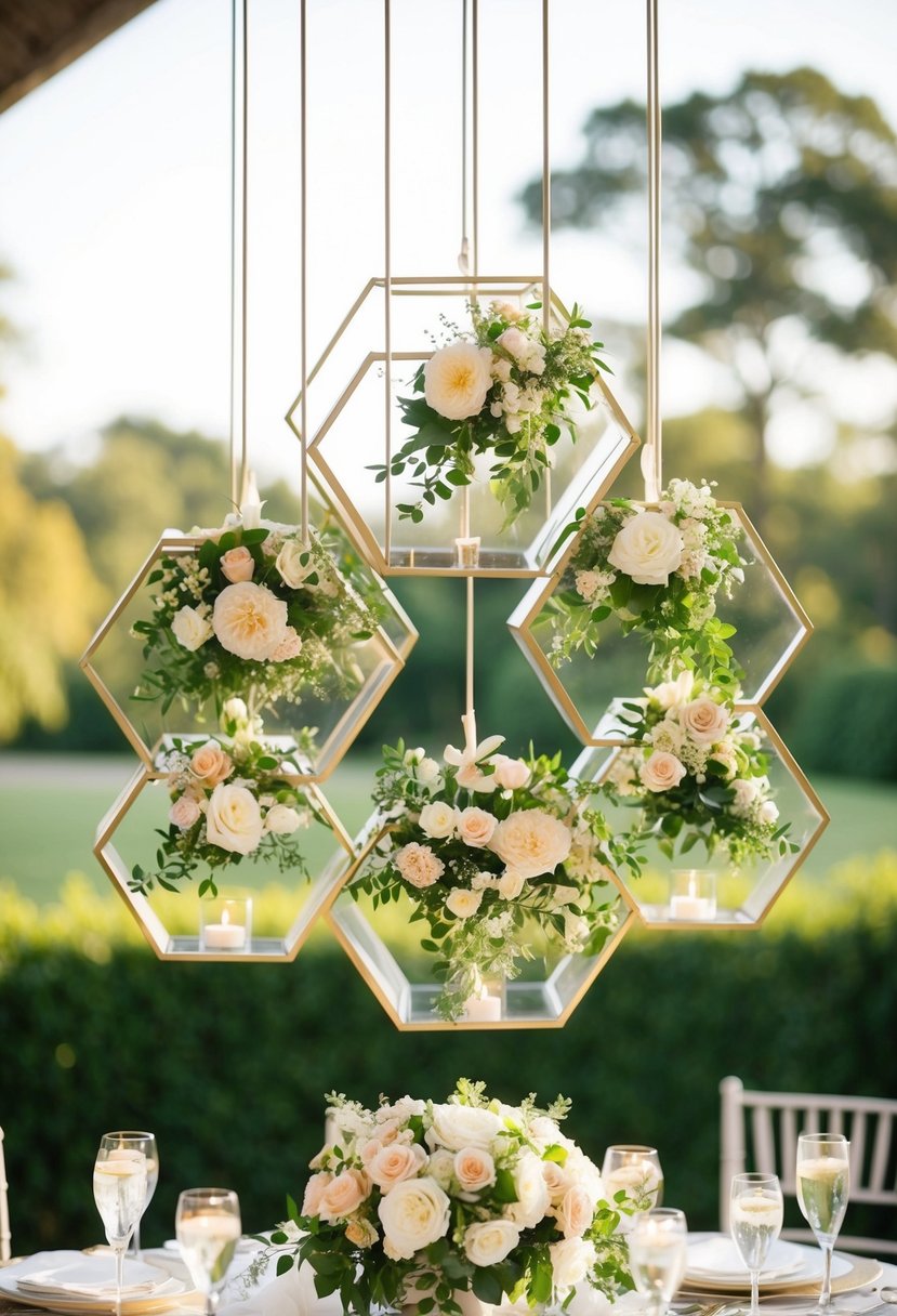 A cluster of hexagon-shaped orbs adorned with flowers and hanging above a wedding table