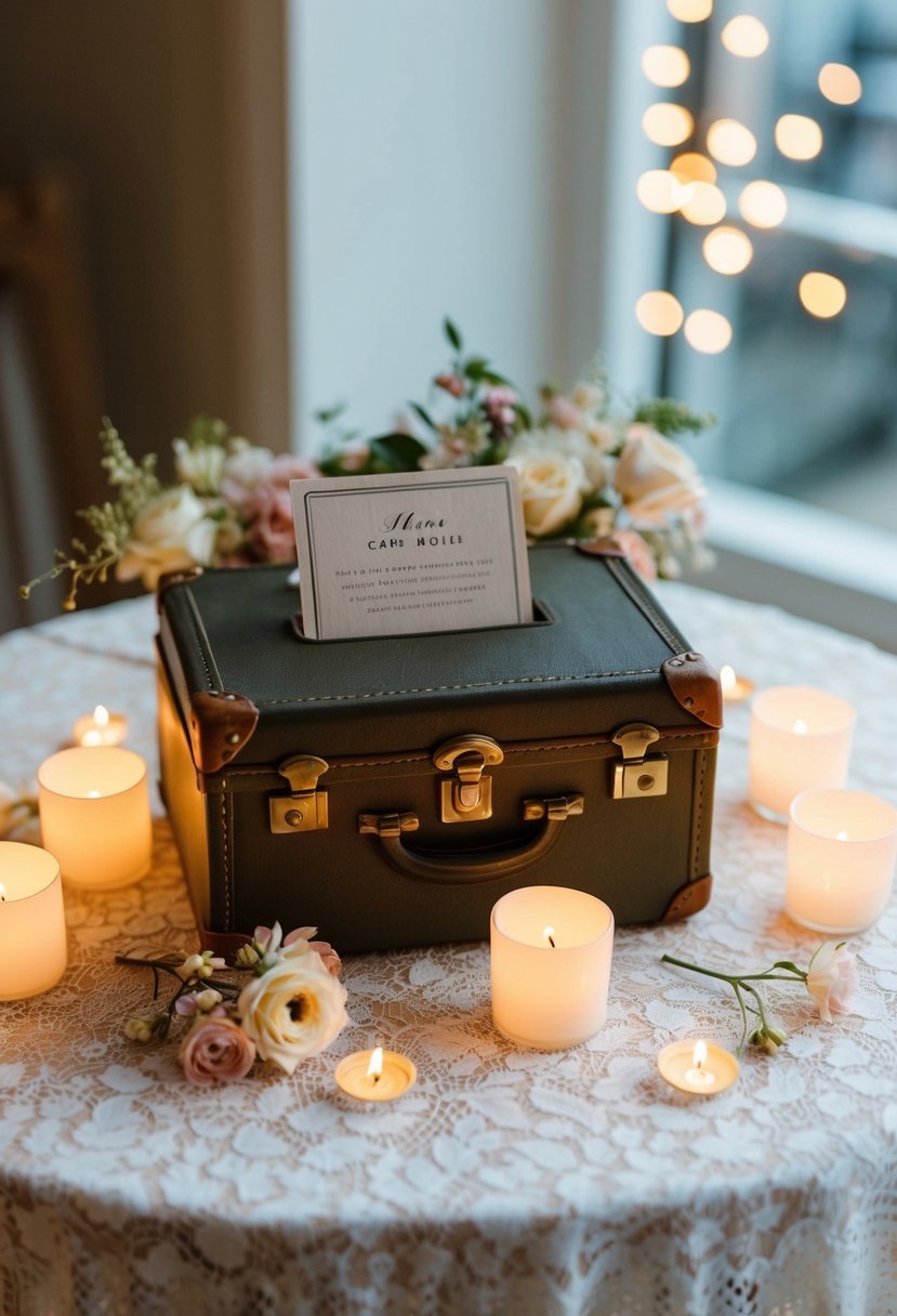 A vintage suitcase card holder sits atop a lace-covered table, surrounded by flickering tea lights and delicate floral arrangements