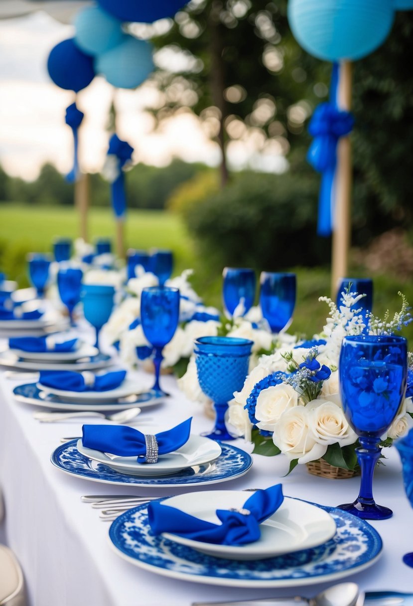 Blue-and-white porcelain dishes arranged on a table with blue wedding decorations