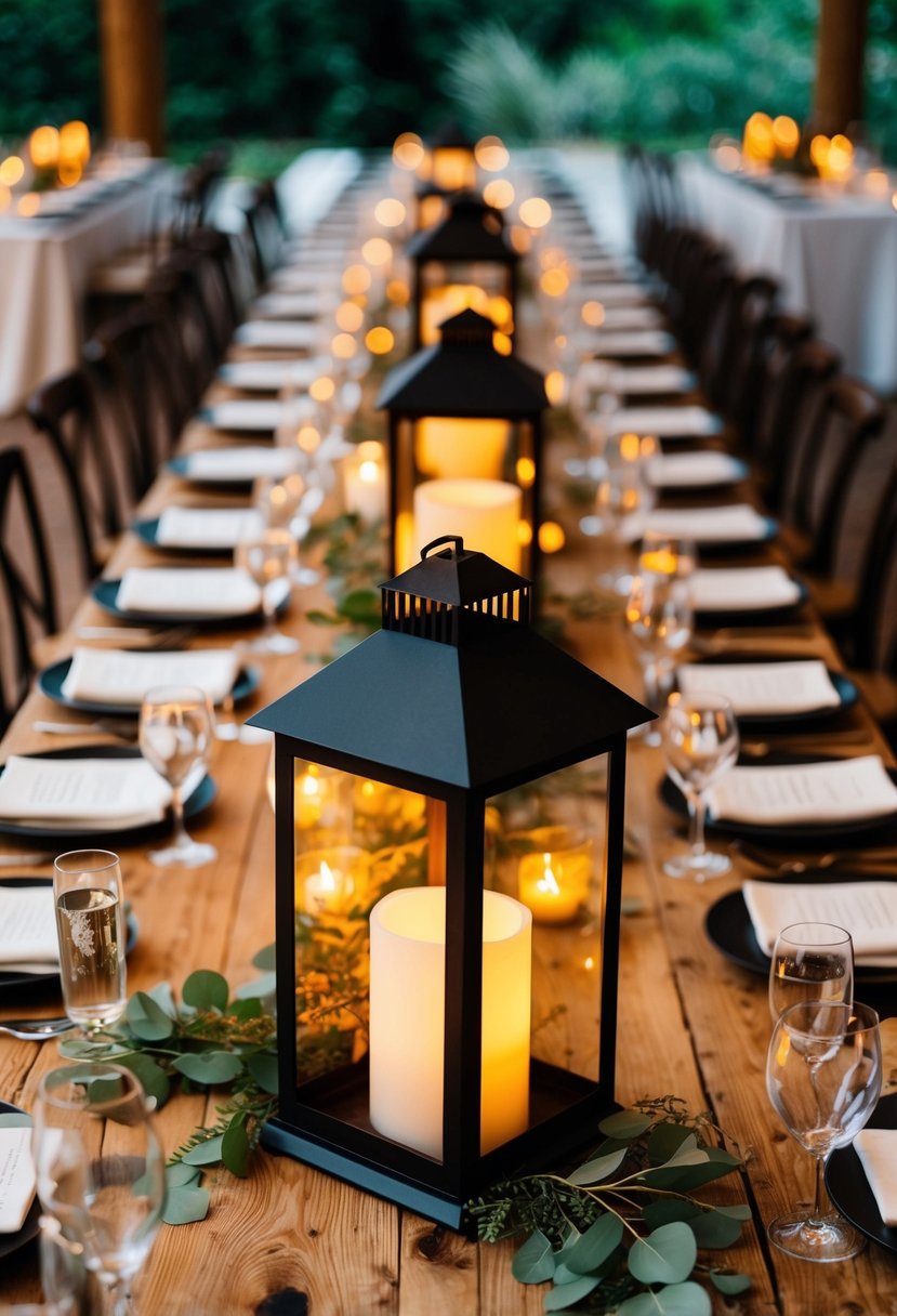 Rustic lantern centerpieces adorn a wedding table, casting a warm glow over the natural wood and earthy greenery