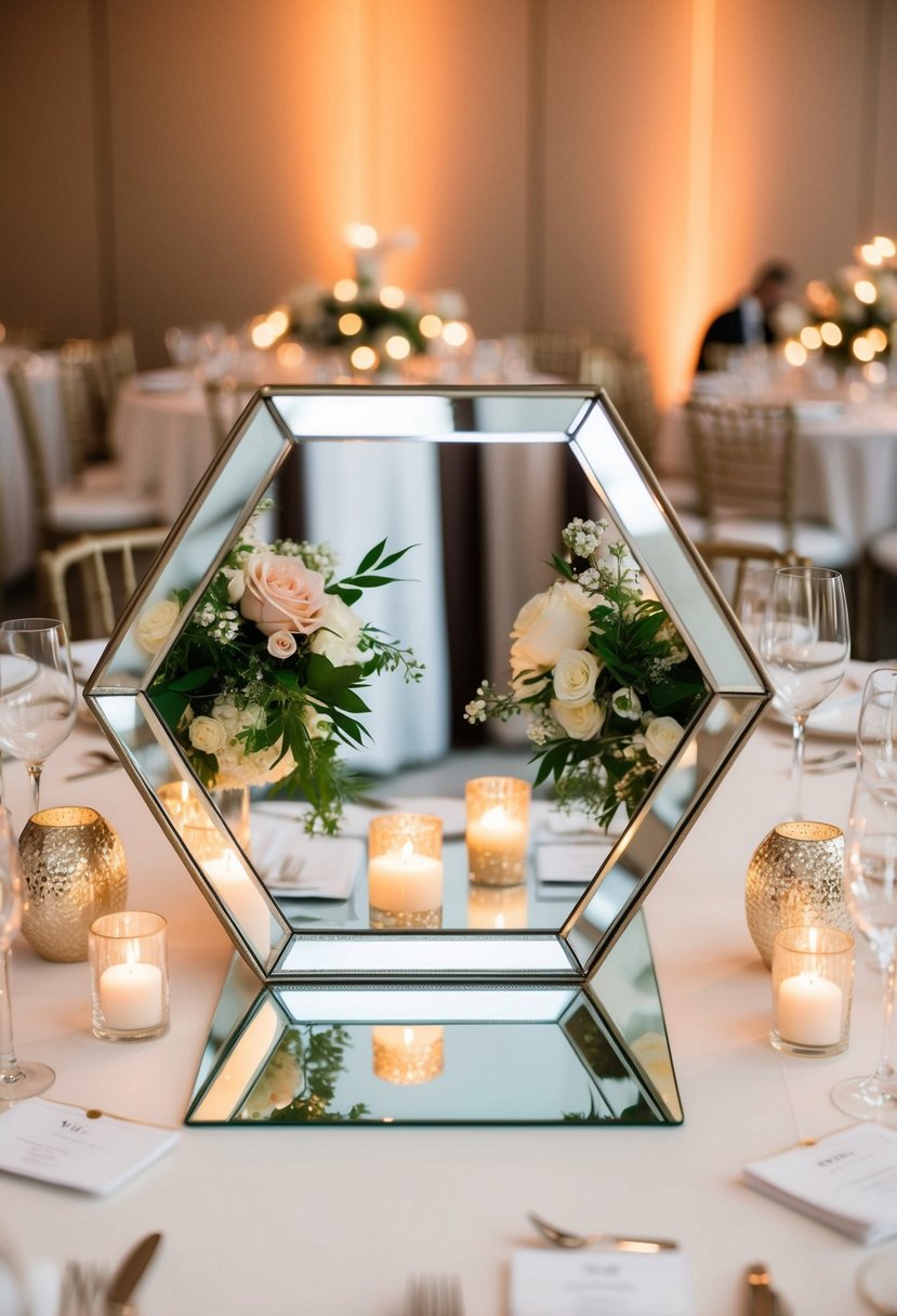 A hexagon mirror table decor reflects elegant wedding centerpieces with floral arrangements and candlelight