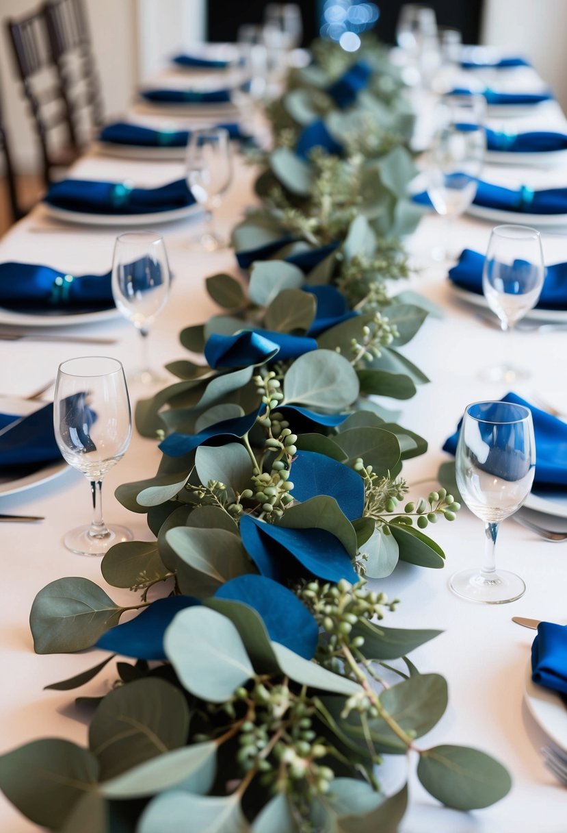 A eucalyptus garland adorned with blue accents drapes across a wedding table, adding a touch of natural elegance to the decor